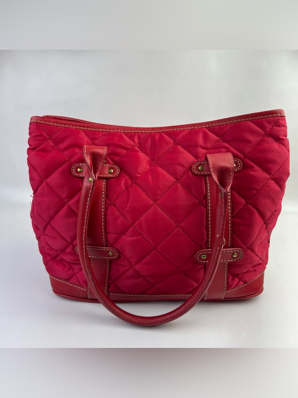 J Crew Women Red Quilted Leather Trim Nylon Shoulder Bag